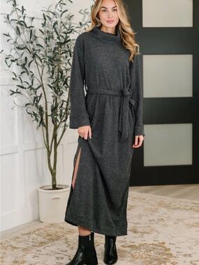 Dear Scarlett Charcoal Ribbed Maxi Dress with Waist Tie Sz S